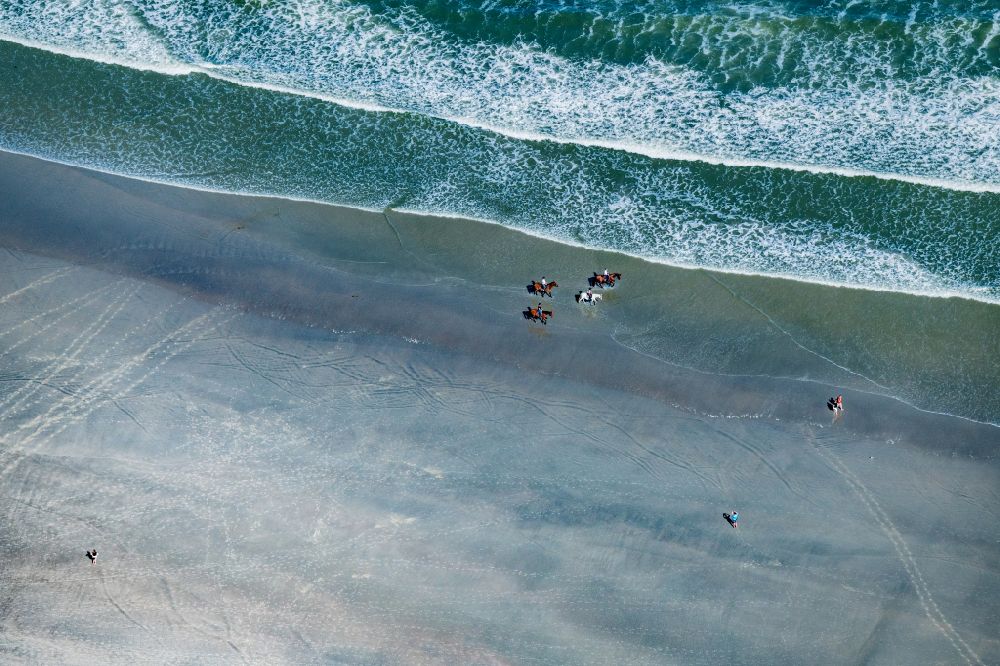 Norderney from the bird's eye view: Riders with their horses in the water and on the sandy beach of the northern beach of the island of Norderney in the state of Lower Saxony, Germany