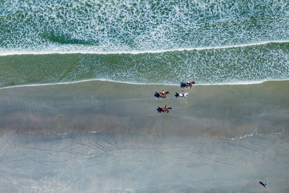 Aerial image Norderney - Riders with their horses in the water and on the sandy beach of the northern beach of the island of Norderney in the state of Lower Saxony, Germany