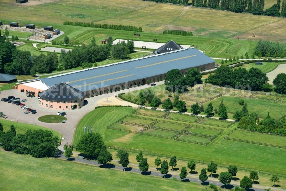 Aerial image Werder (Havel) - Building of the riding stable - rider's court - Gestuet Bonhomme in Werder (Havel) in the federal state Brandenburg, Germany