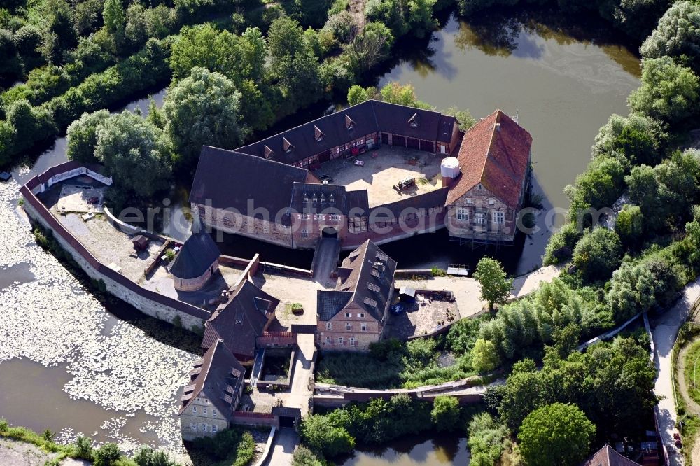 Lüdinghausen from above - Building of stables Burg Kakesbeck in Luedinghausen in the state North Rhine-Westphalia, Germany