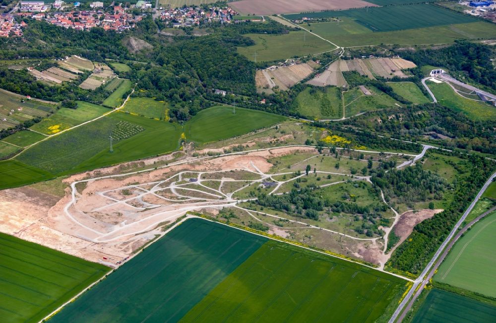 Aerial photograph Karsdorf - Rehabilitation and renaturation work on the layers of a mining waste dump in Karsdorf in the state Saxony-Anhalt, Germany