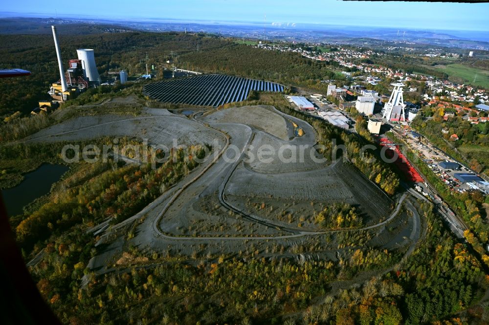 Aerial photograph Quierschied - Rehabilitation and renaturation work on the layers of a mining waste dump of coal mining in Quierschied in the state Saarland, Germany