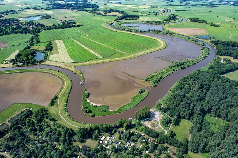 Kranenburg from above - Renaturation and flooding areas of the Oste in Kranenburg in the state Lower Saxony, Germany