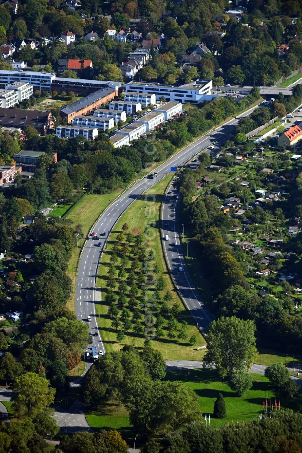 Aerial image Hamburg - Renaturation through afforestation of young trees in the forest area at the roundabout - the Horner roundabout and the end of the A24 motorway in Hamburg, Germany