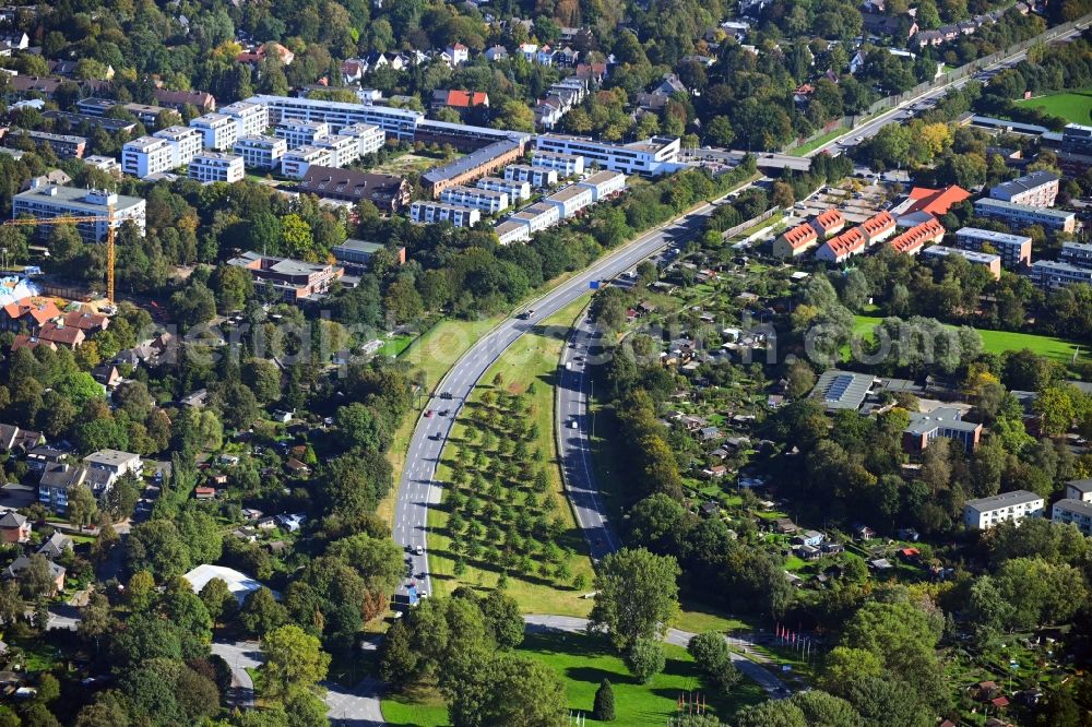 Aerial photograph Hamburg - Renaturation through afforestation of young trees in the forest area at the roundabout - the Horner roundabout and the end of the A24 motorway in Hamburg, Germany