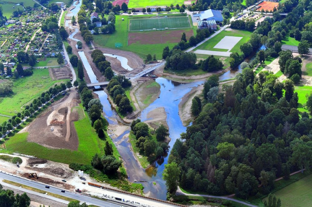 Aerial photograph Donaueschingen - Renaturation measures with flooding and excavations on the shore areas of the rivers Brigach and Breg on the start of river Danube in Donaueschingen in the state Baden-Wuerttemberg, Germany