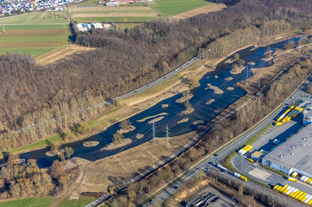 Aerial photograph Hagen - Renaturation measures with flooding and excavations on the shore areas of the river Lenne in Hagen at Ruhrgebiet in the state North Rhine-Westphalia, Germany