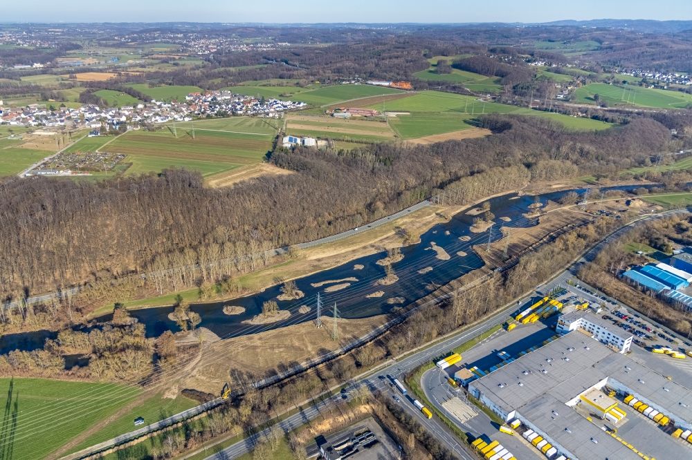 Hagen from above - Renaturation measures with flooding and excavations on the shore areas of the river Lenne in Hagen at Ruhrgebiet in the state North Rhine-Westphalia, Germany