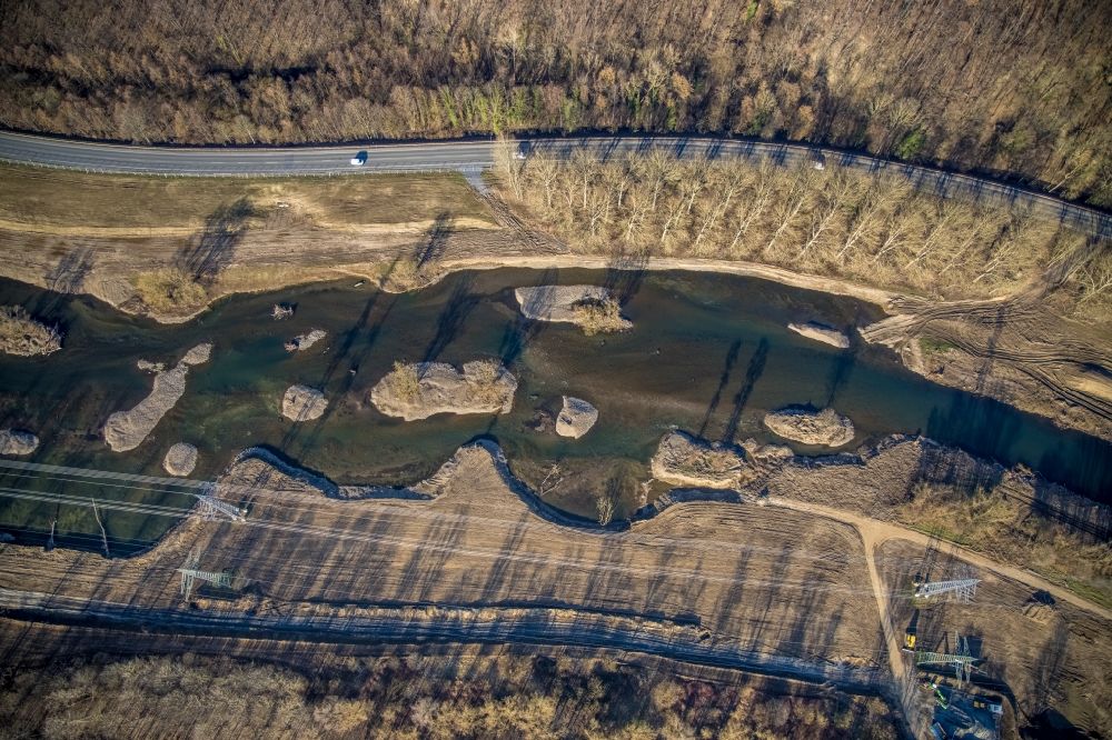 Aerial image Hagen - Renaturation measures with flooding and excavations on the shore areas of the river Lenne in Hagen at Ruhrgebiet in the state North Rhine-Westphalia, Germany