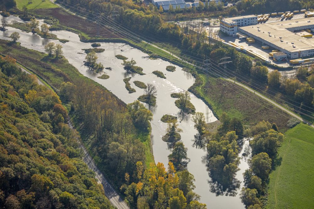 Hagen from the bird's eye view: Renaturation measures with flooding and excavations on the shore areas of the river Lenne in Hagen at Ruhrgebiet in the state North Rhine-Westphalia, Germany
