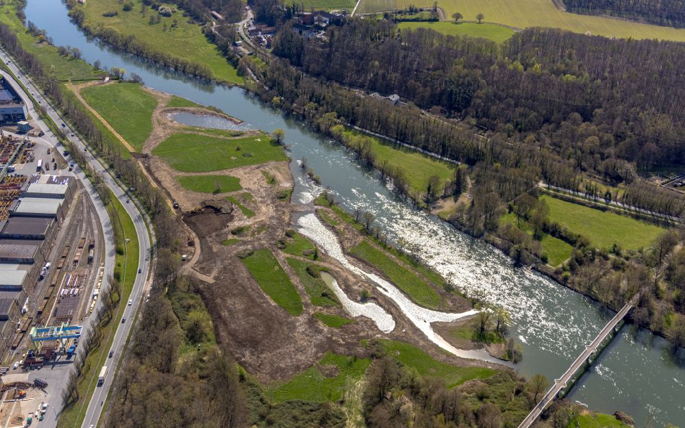 Steinhausen from above - Renaturation measures with flooding and excavations on the shore areas of the river Ruhr in Steinhausen at Ruhrgebiet in the state North Rhine-Westphalia, Germany