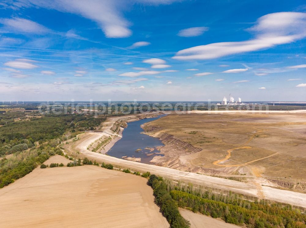 Cottbus from above - Shore areas of flooded former lignite opencast mine and renaturation lake Baltic Sea in the district Merzdorf in Cottbus in the state Brandenburg, Germany