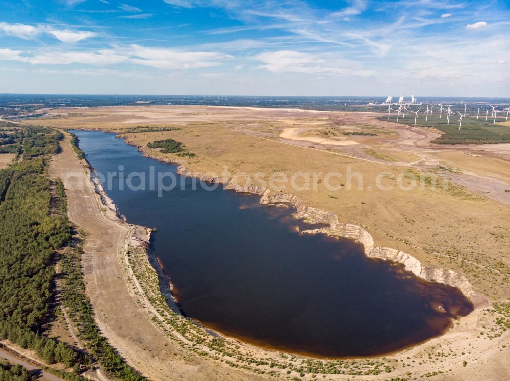 Aerial photograph Cottbus - Shore areas of flooded former lignite opencast mine and renaturation lake Baltic Sea in the district Merzdorf in Cottbus in the state Brandenburg, Germany