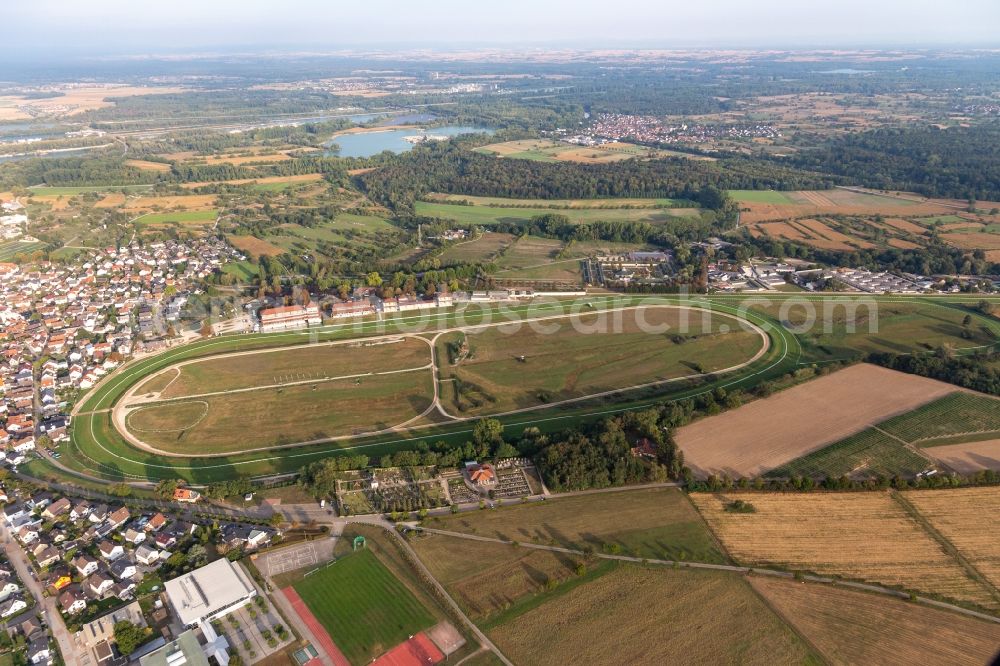 Iffezheim from above - Racetrack racecourse - trotting Rennbahn Iffezheim in Iffezheim in the state Baden-Wuerttemberg, Germany