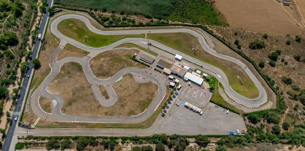Aerial image Calvia - Racetrack racecourse of Go-Kart-Bahn Kart Magaluf on CamA? Porrassa in Calvia in Balearic island of Mallorca, Spain