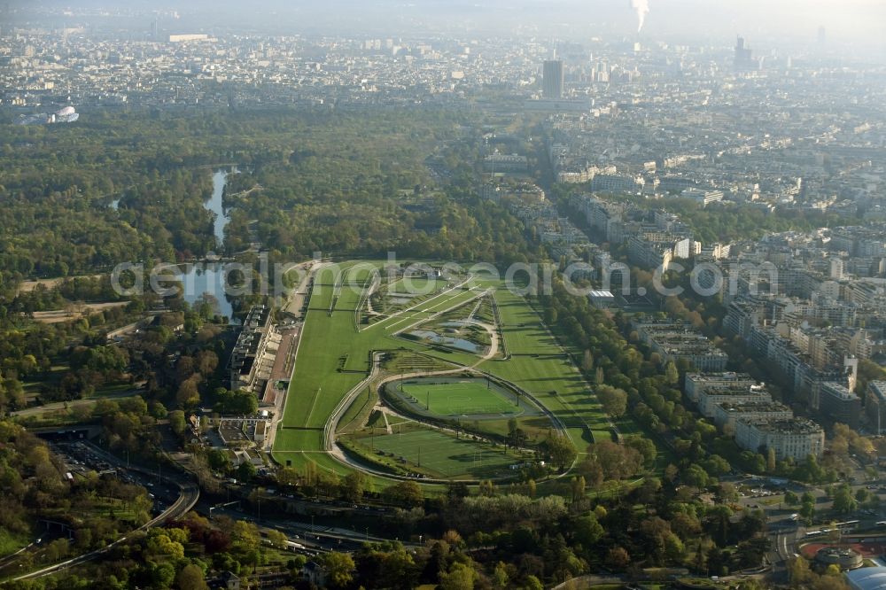 Paris from above - Racetrack racecourse - trotting Hippodrome Auteuil on Route d'Auteuil aux Lacs in Paris in Ile-de-France, France