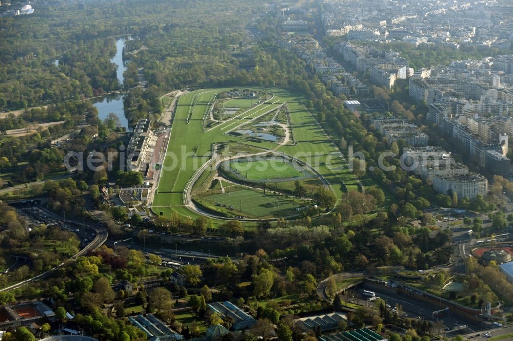 Paris from the bird's eye view: Racetrack racecourse - trotting Hippodrome Auteuil on Route d'Auteuil aux Lacs in Paris in Ile-de-France, France