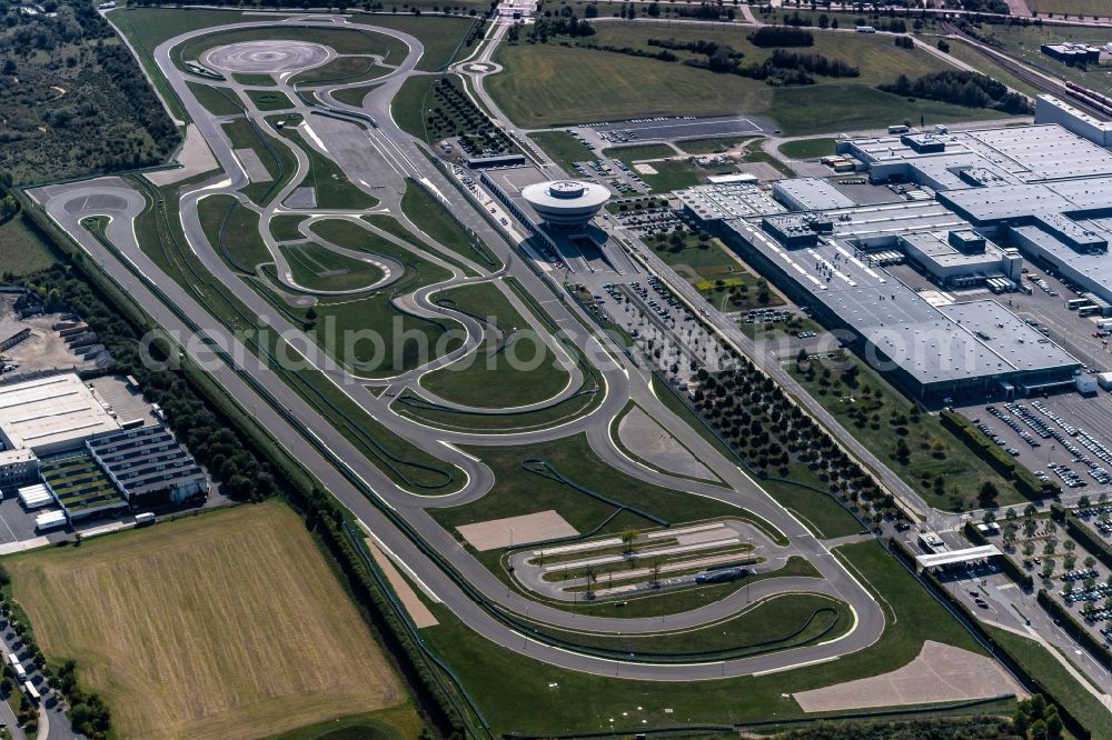 Leipzig from the bird's eye view: Race track - test track, buildings and production halls on the premises of Dr. Ing. h.c. F. Porsche AG on Porschestrasse in the district Luetzschena in Leipzig in the state Saxony, Germany