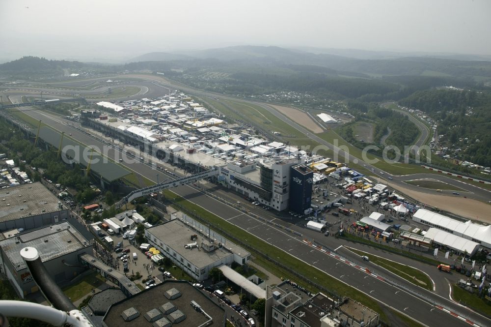 Aerial image Nürburg - Race day at the Formula 1 race track in Nuerburg Nuerburgring in Rhineland-Palatinate