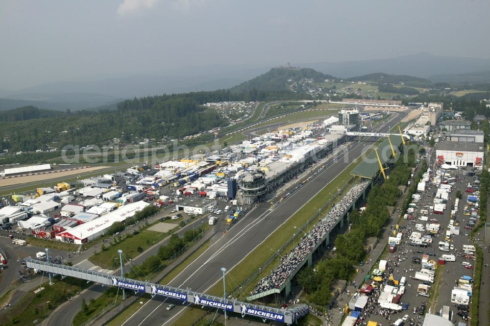 Nürburg from the bird's eye view: Race day at the Formula 1 race track in Nuerburg Nuerburgring in Rhineland-Palatinate