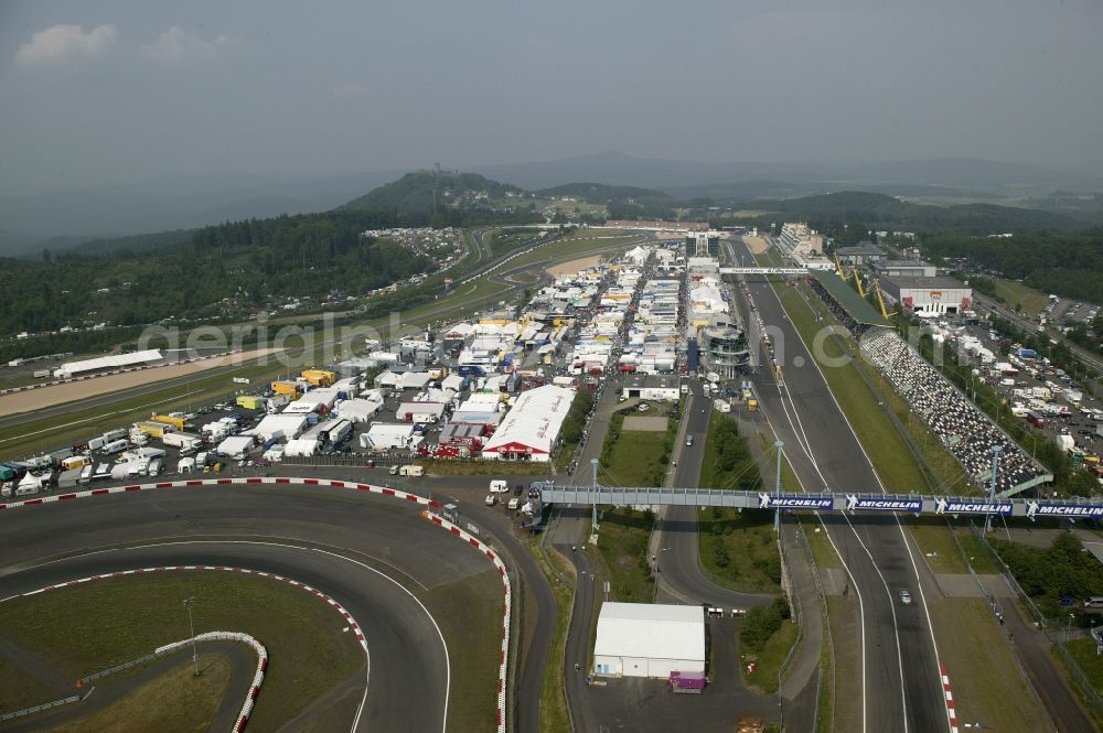 Aerial photograph Nürburg - Race day at the Formula 1 race track in Nuerburg Nuerburgring in Rhineland-Palatinate