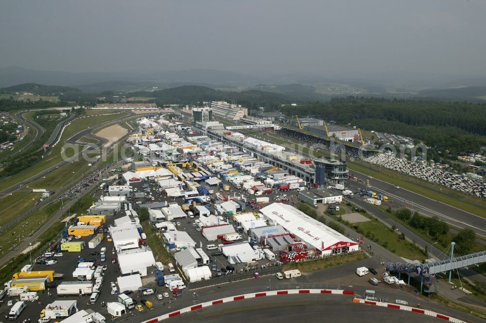 Nürburg from above - Race day at the Formula 1 race track in Nuerburg Nuerburgring in Rhineland-Palatinate