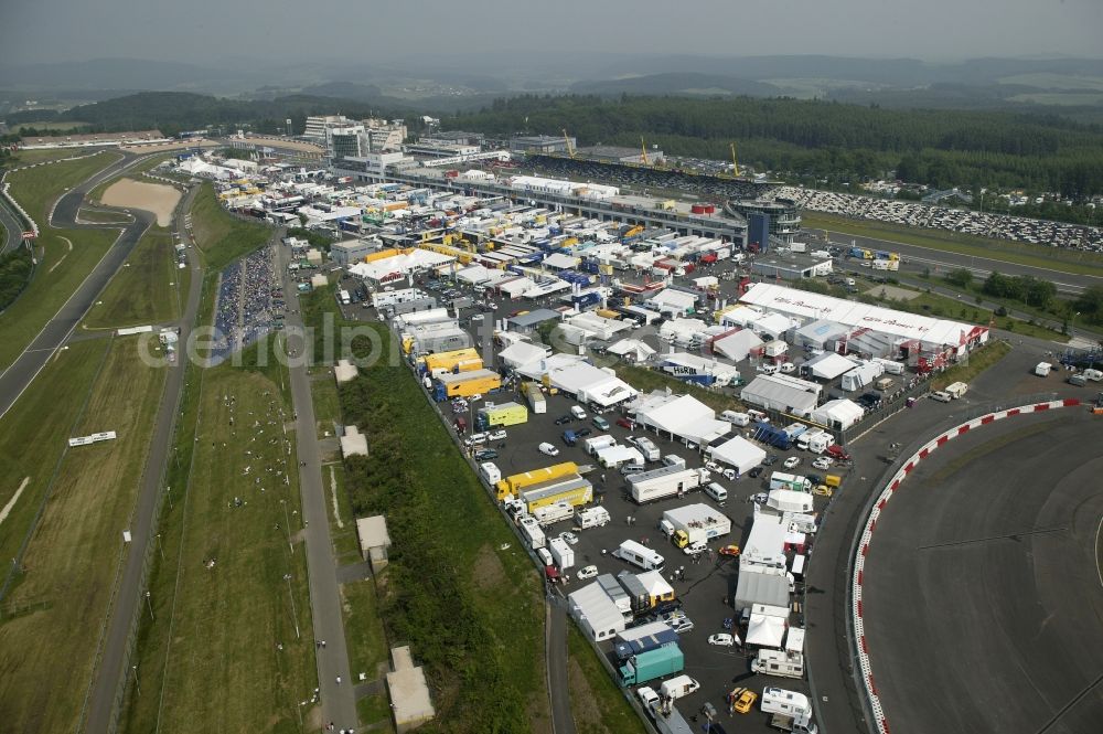 Nürburg from the bird's eye view: Race day at the Formula 1 race track in Nuerburg Nuerburgring in Rhineland-Palatinate