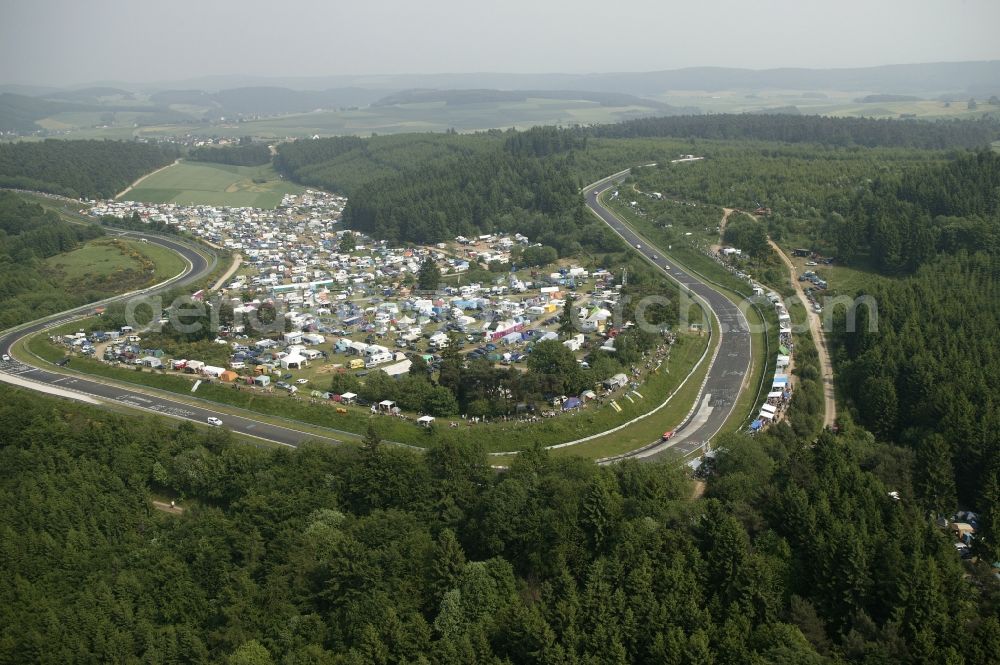 Nürburg from above - Race day at the Formula 1 race track in Nuerburg Nuerburgring in Rhineland-Palatinate