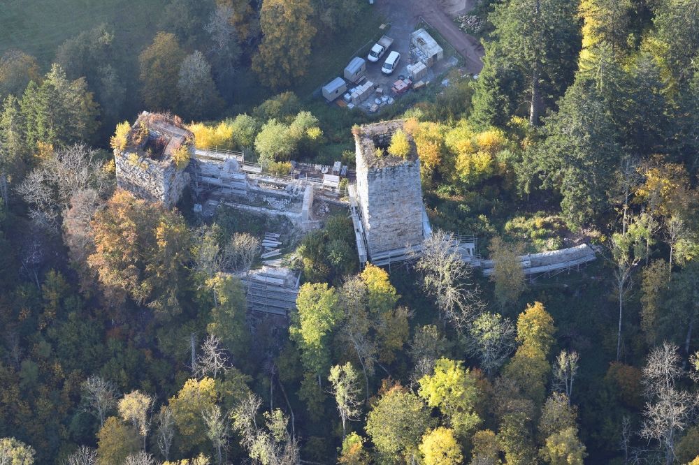 Bonndorf im Schwarzwald from above - Renovation works at the ruins and vestiges of the former castle and fortress Roggenbach in the district Wittlekofen in Bonndorf im Schwarzwald in the state Baden-Wurttemberg, Germany