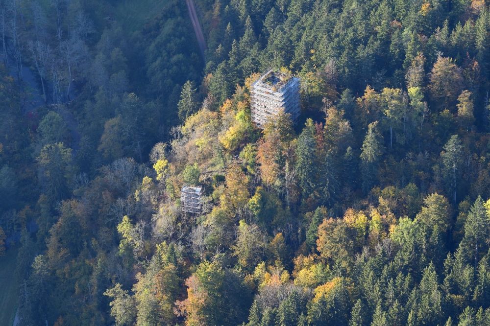 Aerial image Bonndorf - Renovation works at the ruins and vestiges of the former castle and fortress Steinegg in the district Wittlekofen in Bonndorf im Schwarzwald in the state Baden-Wurttemberg, Germany