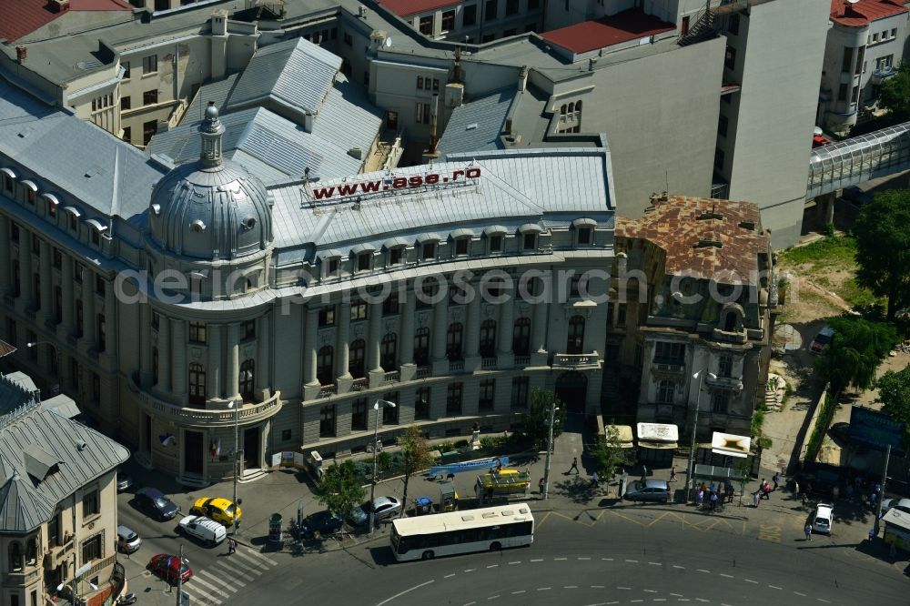 Aerial photograph Bukarest - Renovated building of the Academia de Studia Sconomicein ASE Cladirea Ion Angelescu on the Strada Caderea in Bucharest, Romania
