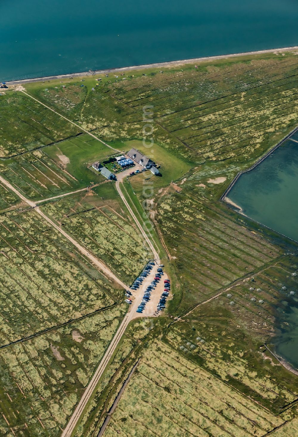 Reußenköge from above - Peninsula with land access and shore area of the Hamburger Hallig in Reussenkoege in the state Schleswig-Holstein, Germany