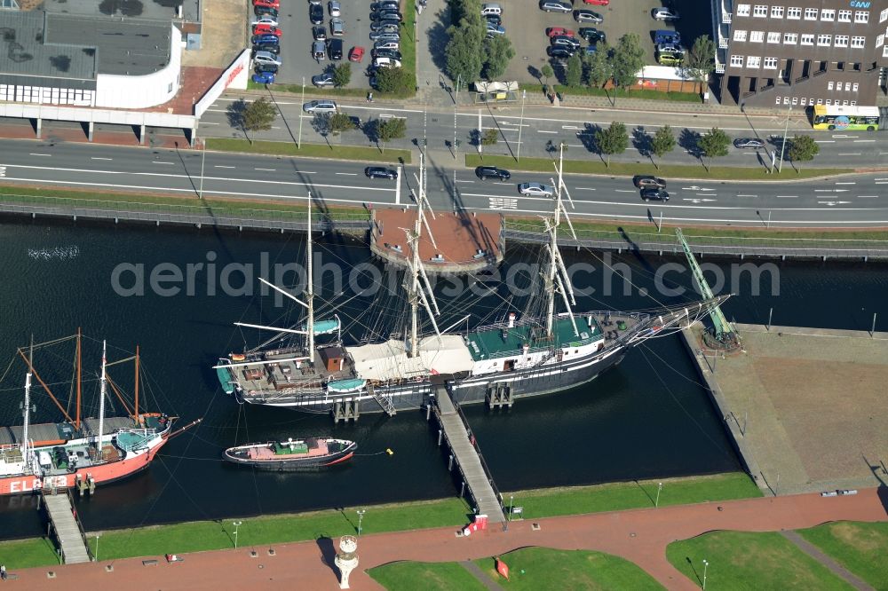 Bremerhaven from above - Restaurant- ship Seute Deern in the port of Bremerhaven in the state of Bremen. The former freight sailing ship is located in a pool of the harbour