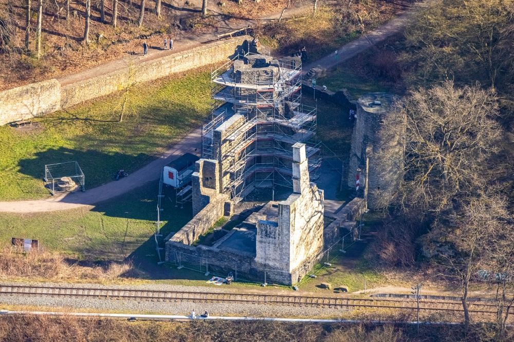 Aerial photograph Herbede - Restoration work on the ruins of the former castle and fortress Burgruine Hardenstein in Herbede in the Ruhr area in the state North Rhine-Westphalia, Germany