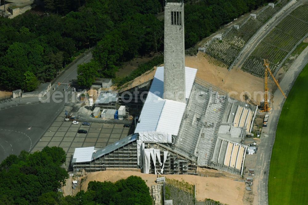 Berlin from the bird's eye view: Construction site of Structure of the observation tower Olympia-Glockenturm on Maifeld in the district Westend in Berlin, Germany