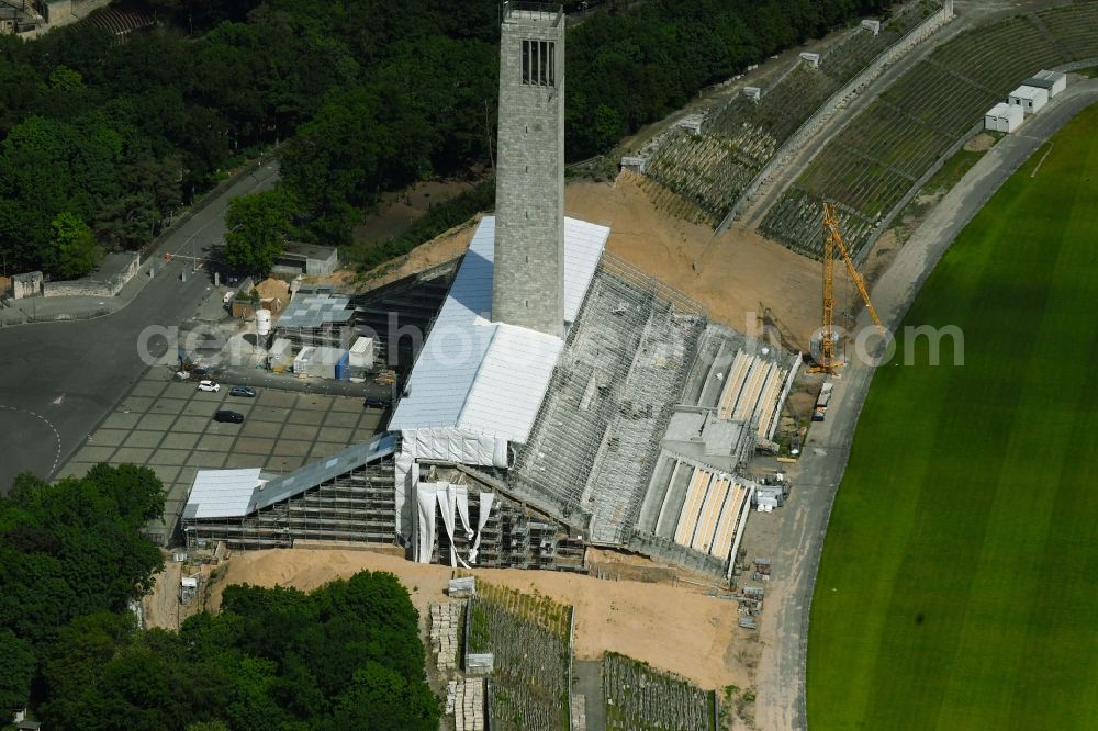 Aerial image Berlin - Construction site of Structure of the observation tower Olympia-Glockenturm on Maifeld in the district Westend in Berlin, Germany