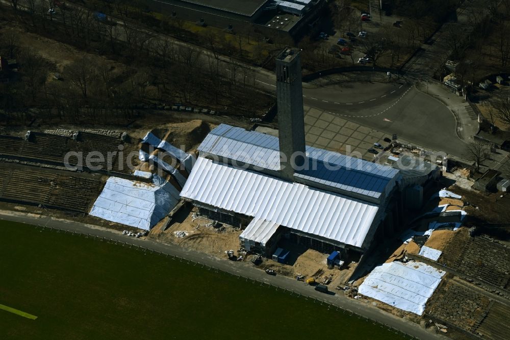 Aerial photograph Berlin - Construction site of Structure of the observation tower Olympia-Glockenturm on Maifeld in the district Westend in Berlin, Germany