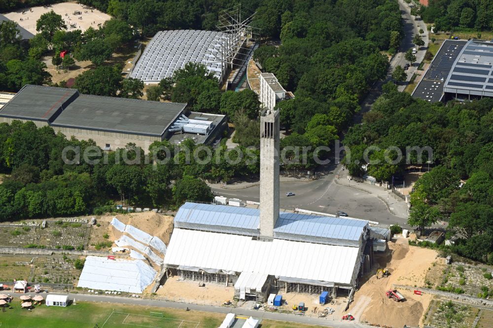 Aerial image Berlin - Construction site of Structure of the observation tower Olympia-Glockenturm on Maifeld in the district Westend in Berlin, Germany