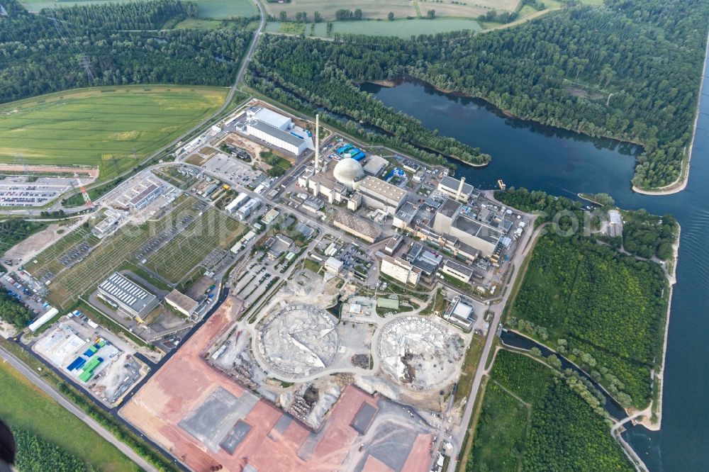 Aerial photograph Philippsburg - Remains of the decommissioned reactor blocks and facilities of the nuclear power plant - KKW Kernkraftwerk EnBW Kernkraft GmbH, Philippsburg nuclear power plant and rubble of the two cooling towers in Philippsburg in the state Baden-Wuerttemberg, Germany