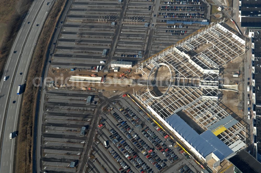 Wildau from above - Revitalization and expansion construction at the building complex of the shopping center A10 Center in the district Kiekebusch in Wildau in the state Brandenburg, Germany