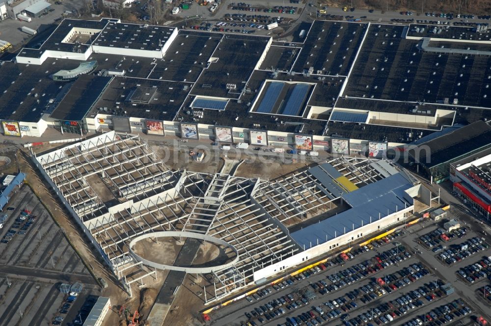 Aerial photograph Wildau - Revitalization and expansion construction at the building complex of the shopping center A10 Center in the district Kiekebusch in Wildau in the state Brandenburg, Germany