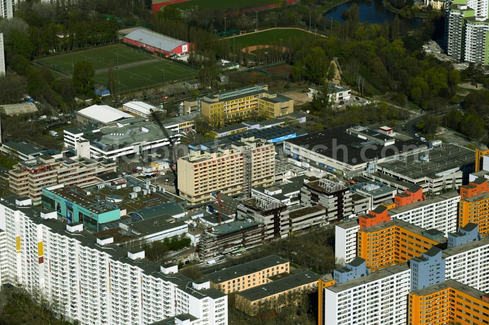Berlin from above - Revitalization and expansion construction at the building complex of the shopping center Maerkische Zentrum in the district Maerkisches Viertel in Berlin, Germany