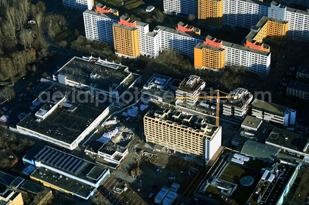 Berlin from the bird's eye view: Revitalization and expansion construction at the building complex of the shopping center Maerkische Zentrum in the district Maerkisches Viertel in Berlin, Germany