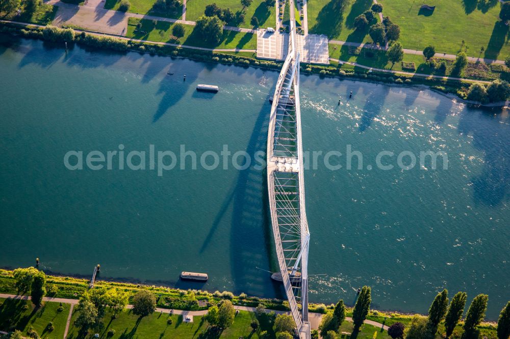 Kehl from above - River - bridge construction Bridge of the Two Banks / Passerelle des Deux Rives for pedestrians and cyclists to the Garden of the Two Banks over the Rhine river to Strasbourg in Kehl in the state Baden-Wuerttemberg, Germany