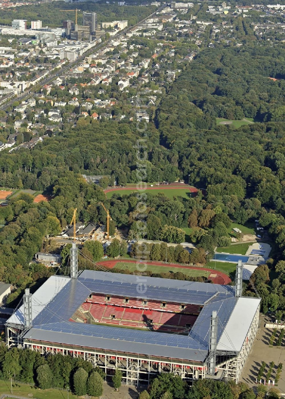 Köln from the bird's eye view: RheinEnergieStadium in the district Muengersdorf in Cologne in the federal state North Rhine-Westphalia. The RheinEnergieStadion is the home ground of the 1. FC Koeln. Owner is the Koelner Sportstaetten GmbH