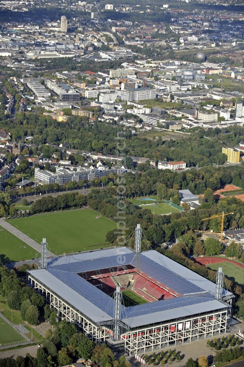 Köln from above - RheinEnergieStadium in the district Muengersdorf in Cologne in the federal state North Rhine-Westphalia. The RheinEnergieStadion is the home ground of the 1. FC Koeln. Owner is the Koelner Sportstaetten GmbH