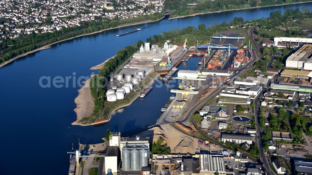 Andernach from the bird's eye view: Rhine harbour of Andernach in the state of Rhineland-Palatinate, Germany. The harbour is an inland port on the Middle Rhine and consists of several cranes, a container dock and a wharf