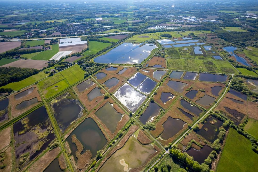 Münster from the bird's eye view: Sewage treatment plant basins and treatment stages for wastewater treatment in trickle fields in Muenster in the state North Rhine-Westphalia, Germany