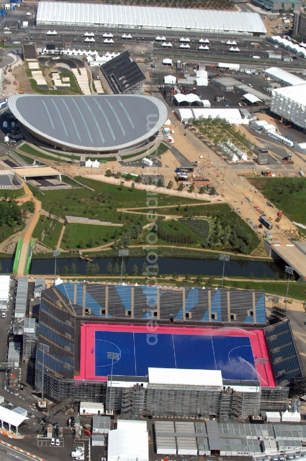 Aerial image London - Hockey field Riverbank Arena and the cycling centre London Velopark in Olympic Park are Olympic and Paralympic venues for the 2012 Games in Great Britain