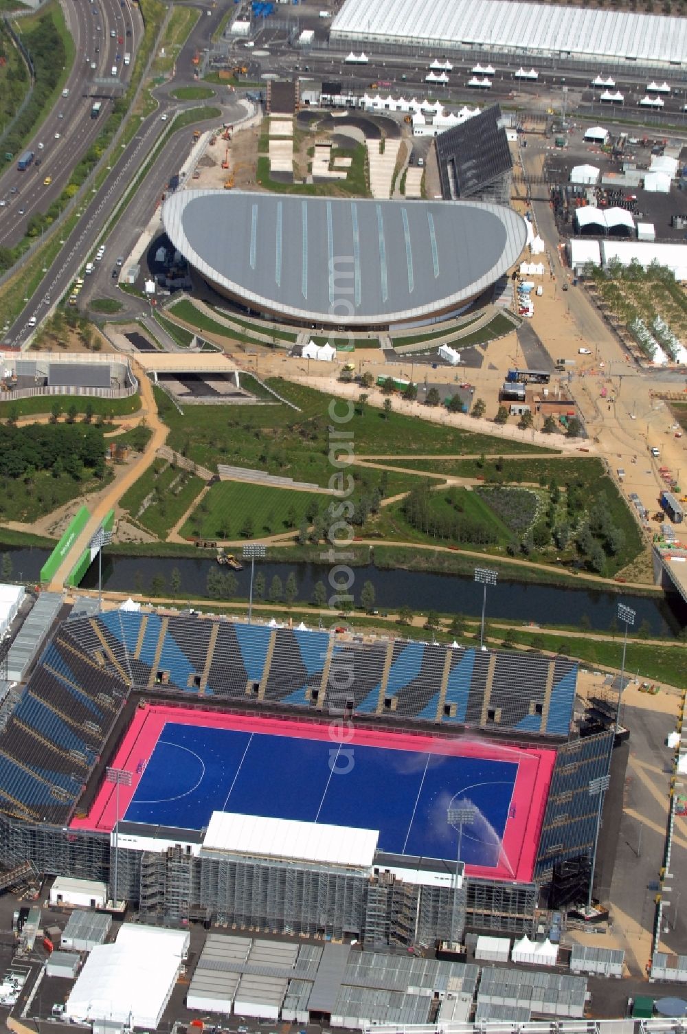 Aerial photograph London - Hockey field Riverbank Arena and the cycling centre London Velopark in Olympic Park are Olympic and Paralympic venues for the 2012 Games in Great Britain